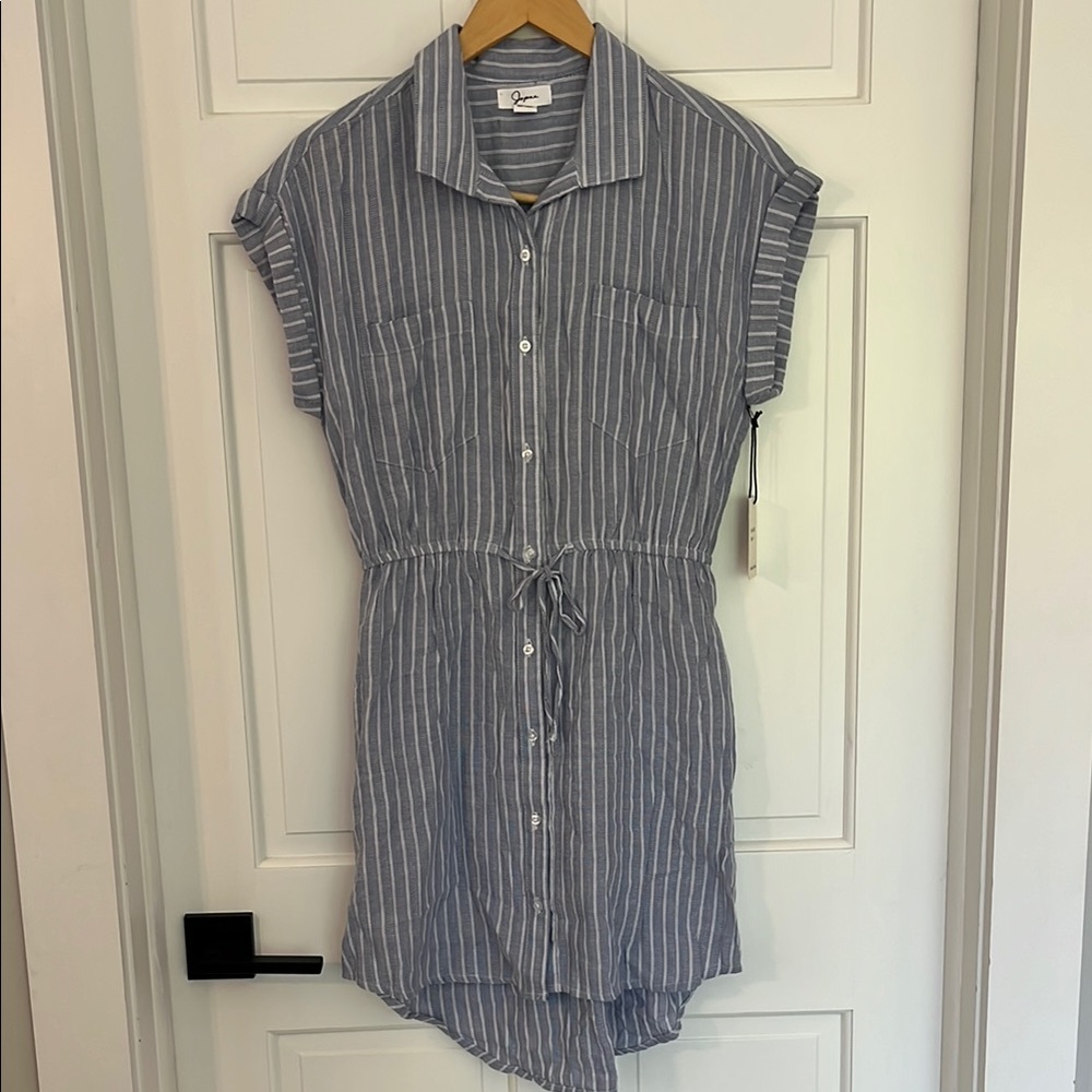 Striped Button-Front Shirt Dress with Waist Tie - Blue